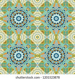 Bed sheets and interior. Gift wrapping paper. Symmetrical layout. Colorful ethnic patterned background in green, white and blue colors. Seamless abstract vector geometric pattern.