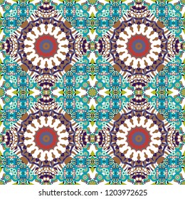 Bed sheets and interior. Gift wrapping paper. Colorful ethnic patterned background in brown, white and blue colors. Seamless abstract vector geometric pattern. Symmetrical layout.