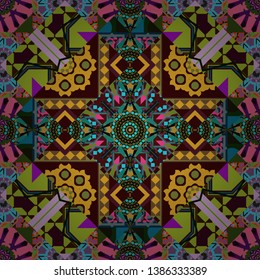 Bed sheets and interior. Gift wrapping paper. Ornament made of various blue, brown and green shapes. Seamless abstract vector geometric pattern. Random layout.