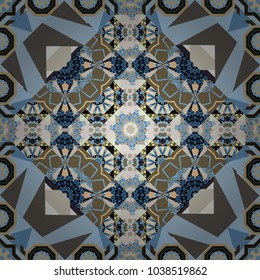 Bed sheets and interior. Ornament made of various blue, gray and beige shapes. Random layout. Seamless abstract vector geometric pattern. Gift wrapping paper.