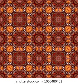 Bed sheets and interior. Ornament made of various brown, red and orange shapes. Gift wrapping paper. Random layout. Seamless abstract vector geometric pattern.