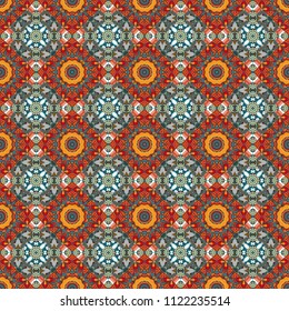Bed sheets and interior. Ornament made of various brown, blue and gray shapes. Random layout. Seamless abstract vector geometric pattern. Gift wrapping paper.