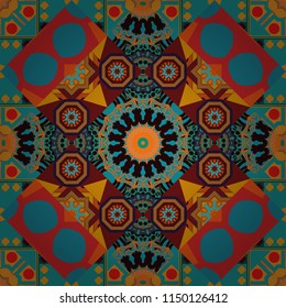 Bed sheets and interior. Ornament made of various blue, brown and orange shapes. Gift wrapping paper. Random layout. Seamless abstract vector geometric pattern.