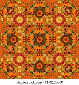 Bed sheets and interior. Ornament made of various orange, red and green shapes. Gift wrapping paper. Random layout. Seamless abstract vector geometric pattern.