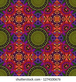 Bed sheets and interior. Ornament made of various green, purple and black shapes. Seamless abstract vector geometric pattern. Gift wrapping paper. Random layout.