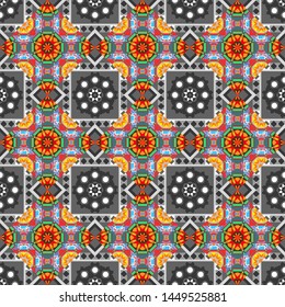 Bed sheets and interior. Ornament made of various blue, gray and orange shapes. Seamless abstract vector geometric pattern. Random layout. Gift wrapping paper.
