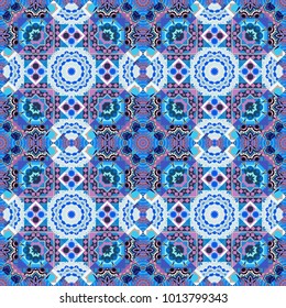 Bed sheets and interior. Seamless abstract vector geometric pattern. Gift wrapping paper. Colorful ethnic patterned background in blue, neutral and purple colors. Symmetrical layout.