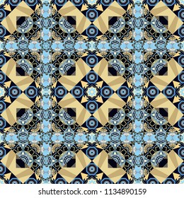 Bed sheets and interior. Seamless abstract vector geometric pattern. Ornament made of various beige, black and blue shapes. Random layout. Gift wrapping paper.