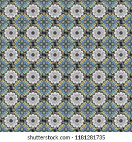Bed sheets and interior. Seamless abstract vector geometric pattern. Gift wrapping paper. Ornament made of various blue, brown and gray shapes. Random layout.