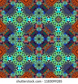 Bed sheets and interior. Seamless abstract vector geometric pattern. Random layout. Gift wrapping paper. Ornament made of various brown, blue and green shapes.