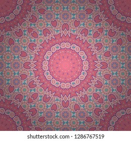 Bed sheets and interior. Seamless abstract vector geometric pattern. Symmetrical layout. Gift wrapping paper. Colorful ethnic patterned background in blue, violet and pink colors.