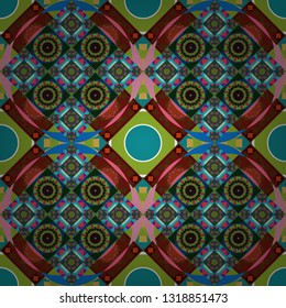 Bed sheets and interior. Seamless abstract vector geometric pattern. Gift wrapping paper. Ornament made of various blue, green and red shapes. Random layout.
