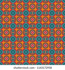 Bed sheets and interior. Symmetrical layout. Seamless abstract vector geometric pattern. Colorful ethnic patterned background in blue, red and orange colors. Gift wrapping paper.