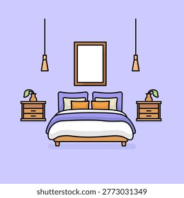 Bed with side table and wall frame interior furniture illustration