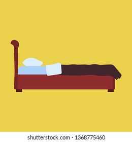 Bed Side View Vector Bedroom Cartoon Furniture Home. Sleep Interior Hotel Rest. Flat Duvet Simple Flat Apartment 