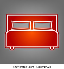 Bed sign. Flat red icon with linear white icon with gray shadow at grayish background. Illustration.