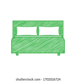 Cartel de la cama. Ícono de garabato verde con contorno sólido sobre fondo blanco.  Ilustración.