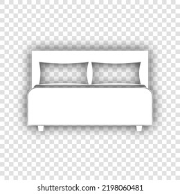 Bed sign. White Icon with dropped natural gray Shadow at transparent Background. Illustration.