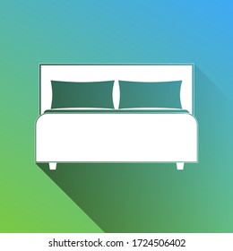 Bed sign. White Icon with gray dropped limitless shadow on green to blue background. Illustration.