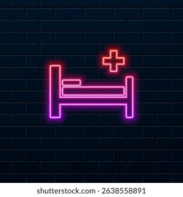 Bed silhouette, side view.Hospital bed linear icon. neon style.Thin line illustration. Vector isolated schematic drawing.