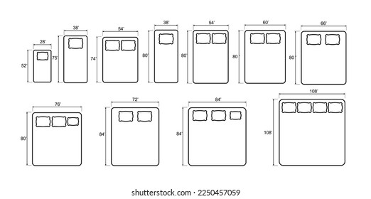 Bed Sizes and Mattress Dimensions . Pictograms depict icons of bed sizes. Vector