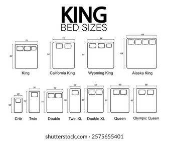 Bed Sizes and Mattress Dimensions . Pictograms depict icons of bed sizes. Vector