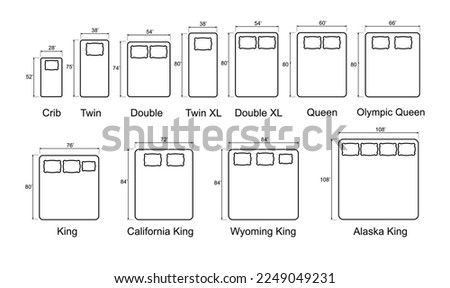 Bed Sizes and Mattress Dimensions . Pictograms depict icons of bed sizes. Vector