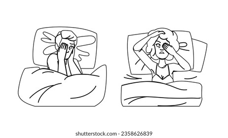 bed sleep disorder vector. awake night, anxiety woman, stress sad bed sleep disorder character. people black line illustration