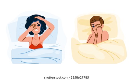 bed sleep disorder vector. awake night, anxiety woman, stress sad bed sleep disorder character. people flat cartoon illustration