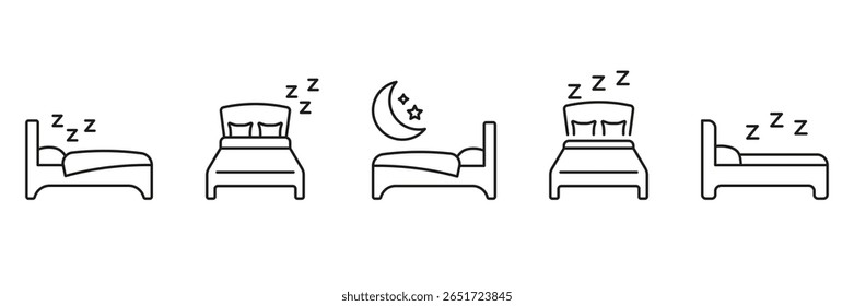 Conjunto De Ícones Da Linha De Cama E Sono. Sono Repousante, Relaxamento Noturno E Conjunto De Símbolos De Conforto De Quarto. Qualidade Do Sono E Relaxamento. Traço editável. Ilustração de vetor isolada.