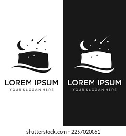 Bed and sleep logo creative design, with pillow,zzz, clock, moon and stars.