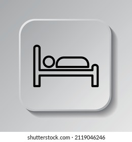 Cama, icono de sueño simple. Diseño plano. Icono negro en botón cuadrado con sombra. Fondo gris.ai