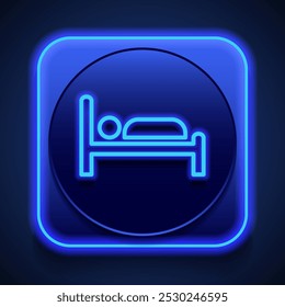 Bed, sleep simple icon. Flat design. Blue neon style on button. With shadow.ai