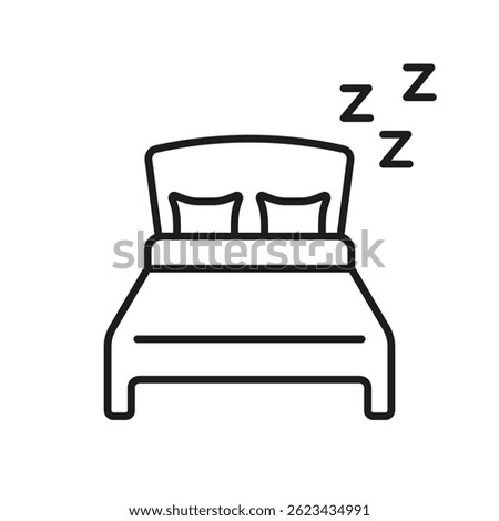 Bed With Sleep Symbol Line Icon. Rest, Relaxation, And Sleep Quality Outline Symbol. Bedroom Comfort And Nighttime Routine Representation. Editable Stroke. Isolated Vector Illustration.