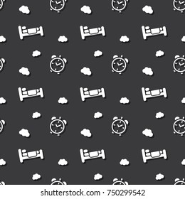 Bed For Sleeping With Alarm Clock And Clouds Seamless Pattern Dark Background