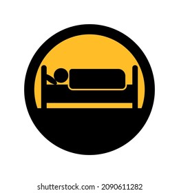 Bed and sleeping man, black and yellow colors, round sign for design on a white background, vector illustration