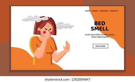 Bettgeruch, Vektorgrafik. Heim schön, süße Frau, Mädchenzimmer, Morgenpflege, Frau junges Bett riechen Web-Cartoon-Illustration