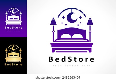 Bed store logo. Bed with pillows, stars and the moon logo vector design. The night sky.
