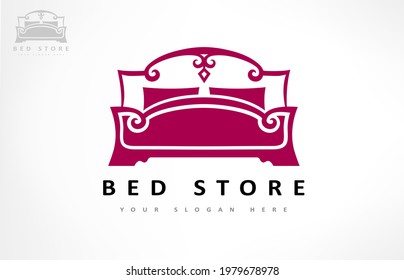 Bed store. Bed with pillows logo vector design.