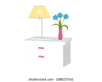Bed Table or Night Stand with Lamp and Flower Vase - Cartoon Vector Image