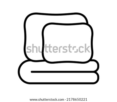 Bed textile linen with pillows, bed sheet and blanket line icon. Home textile for bedroom. Cushion and duvet for sleep. Editable stroke. Vector outline sign