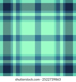 Bed textile texture check, 60s seamless vector fabric. Clan tartan background plaid pattern in green and cyan colors palette.