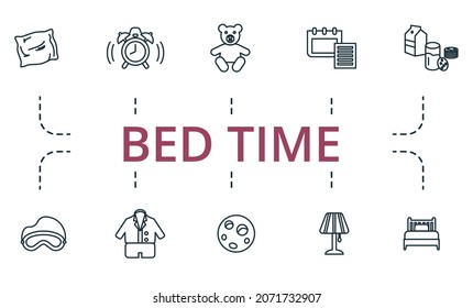 Bed Time icon set. Collection of simple elements such as the alarm clock, full moon, pajamas, schedule, little bear, night light.
