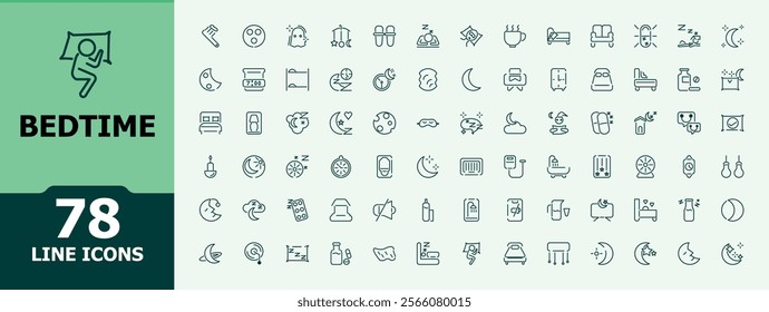 Bed Time icon set. Contains such icons as nap, sleep, bedtime, table, rest, star, bed and more. Perfect for logos and infographics. Vector illustration in minimalist line style.