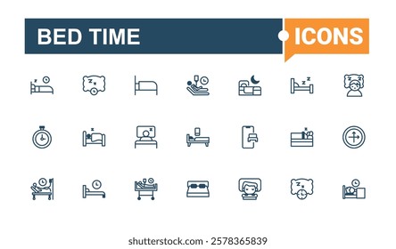 Bed Time lined icons set. Includes thin line napping, dreaming, human, clock, alarm, moon, nap, table. Pixel perfect. Vector outline and solid icons collection.