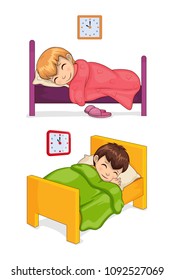 Bed time for little children in cozy beds set. Girl and boy sleep at night under soft blankets. Kids have long rest isolated vector illustrations.