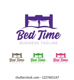 Bed Time logo with two pillows in four colors - violet, brown, green and pink