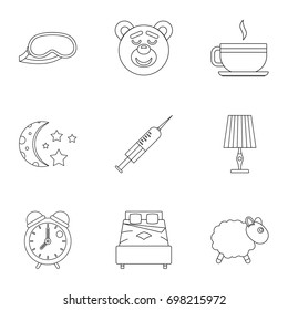 Bed time rest icon set. Outline style set of 9 bed time rest vector icons for web isolated on white background