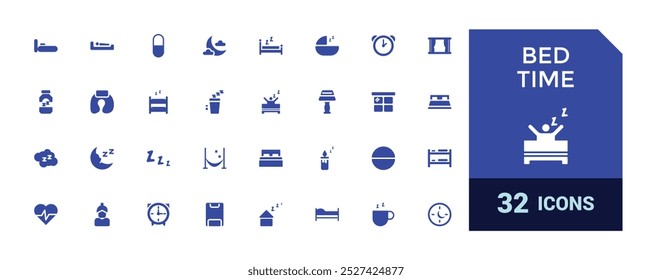 Hora de dormir y conjunto de iconos sólidos para dormir. Colección de iconos de sueño y sueño lleno. Icono de glifo para Web y ui. Ilustración vectorial. Editable y píxel perfecto.