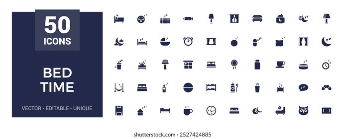 Bed time and sleeping solid icons set. Dream and sleep filled icon collection. Glyph icon for web and ui. Vector illustration. Editable and pixel perfect.